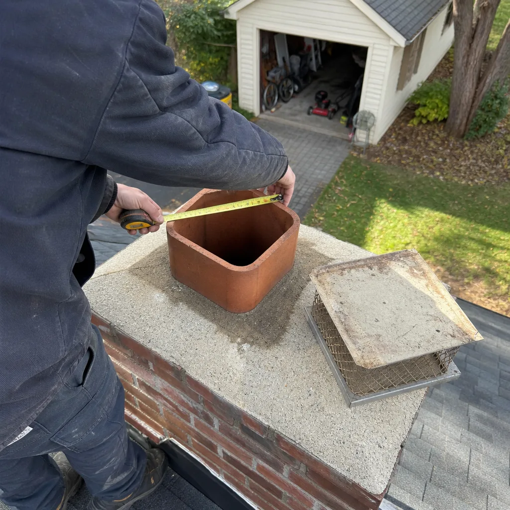 Chimney sweep measuring a brick chimney flue tile for a cap in Silver Spring, MD