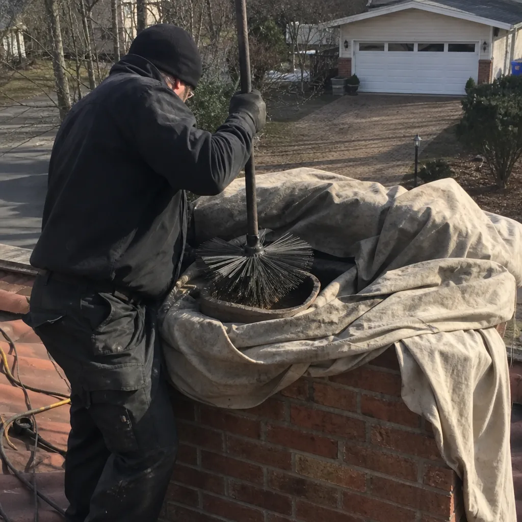 Professional chimney sweep cleaning a brick chimney with a wire brush.